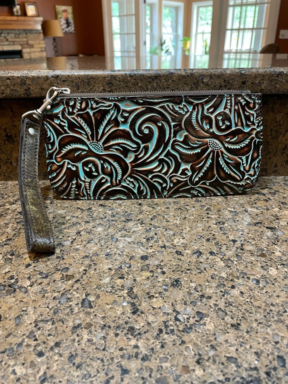 Patricia Nash Cassini Wristlet Brown Turquoise Tooled Leather Western Boho Chic